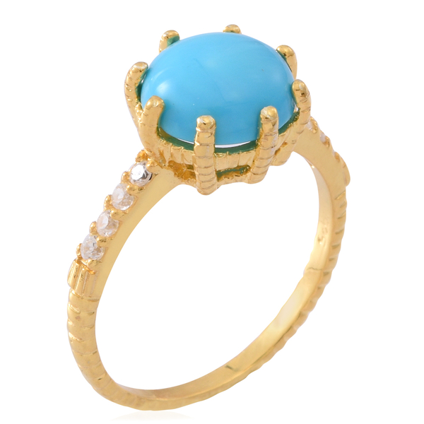 Arizona Sleeping Beauty Turquoise (Rnd 3.00 Ct), Natural White Cambodian Zircon Ring in Yellow Gold Overlay Sterling Silver 3.250 Ct.