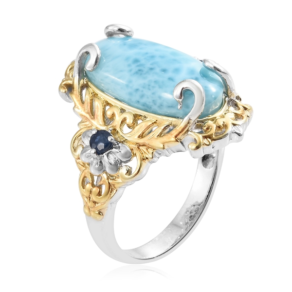 Larimar (Ovl 9.75 Ct), Kanchanaburi Blue Sapphire Ring in Platinum Overlay Sterling Silver 10.000 Ct. Silver wt 7.17 Gms.