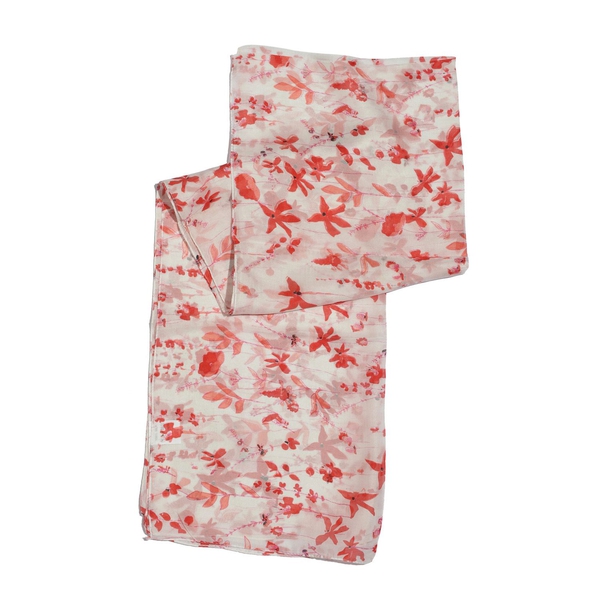 100% Mulberry Silk Red and Pink Colour Floral Pattern White Colour Scarf (Size 180x50 Cm)