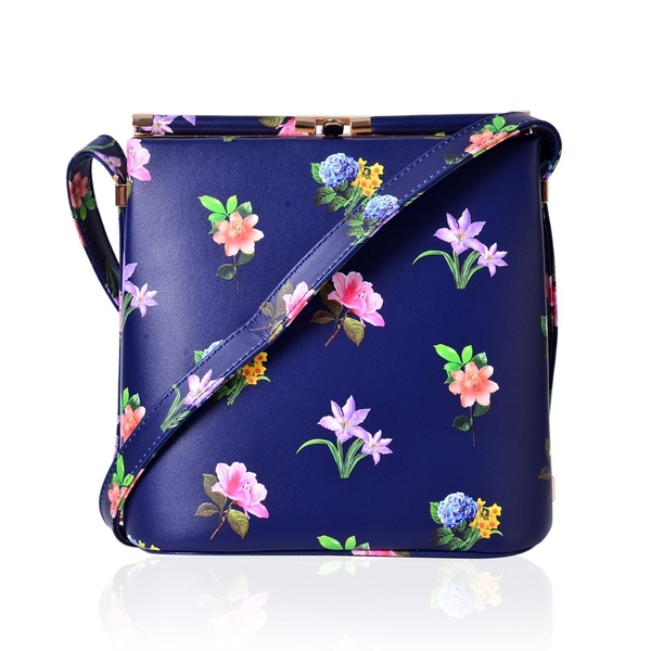 Navy and Multi Colour Floral Pattern Clutch Bag with Shoulder Strap (Size 22x21.5x14 Cm)