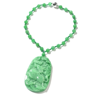 Rare Size Hand Carved Green Jade Beaded Necklace in Sterling Silver with Magnetic Lock