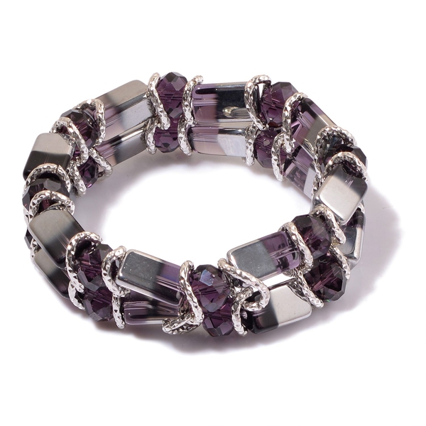 Purple and White Glass Stretchable Bracelet (Size 7.5) in Silver Tone