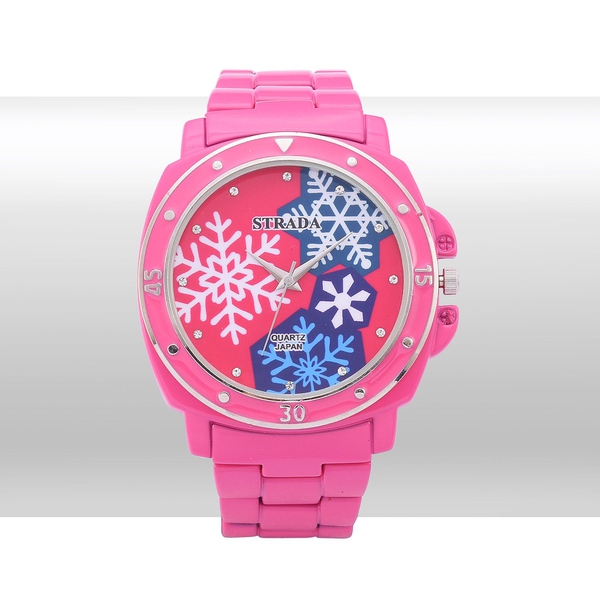 STRADA Japanese Movement White Austrian Crystal Studded Pink Snowflake Dial Water Resistant Watch in Silver Tone with Stainless Steel Back and Pink Strap