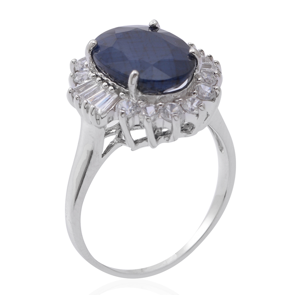 Very Rare Size Madagascar Blue Sapphire (Ovl 14x10 mm), Natural White Cambodian Zircon Ring in Rhodium Overlay Sterling Silver 9.000 Ct.