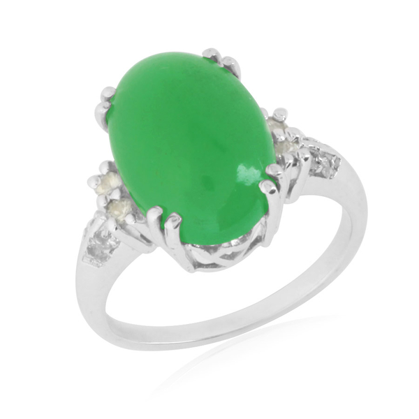Emerald Quartz (Ovl 7.50 Ct), Green Sapphire and Diamond Ring in Platinum Overlay Sterling Silver 7.