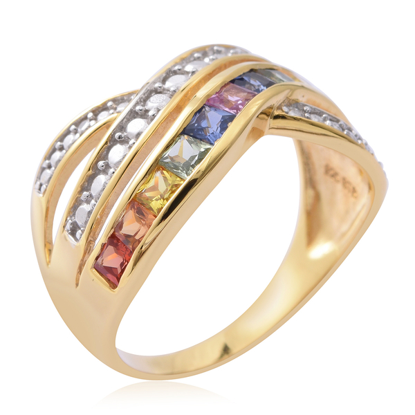 Rainbow Sapphire (Sqr) Criss Cross Ring in 14K Gold Overlay Sterling Silver 1.600 Ct.