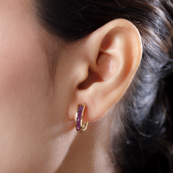 Moroccan Ruby Hoop Earrings in 14K Gold Overlay Sterling Silver 1.85 Ct.