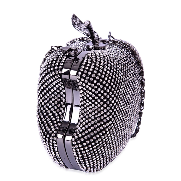 White Austrian Crystal Studded Apple Design Clutch Bag in Black Tone with Removeable Chain Strap (Size 14x12 Cm)