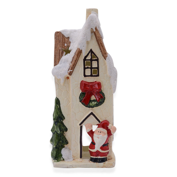 Home Decor - Multi Colour Ceramic House Shape Candle Holder with Tree and Santa Claus