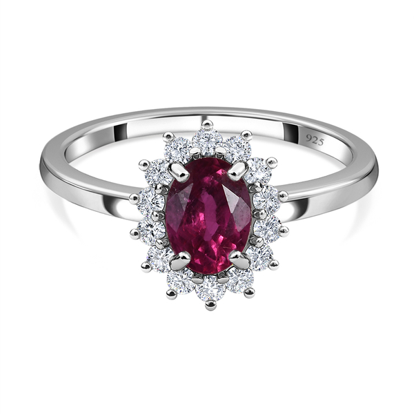 Ruby (FF) and Natural Cambodian Zircon Halo Ring in Platinum Overlay Sterling Silver 1.727 Ct.
