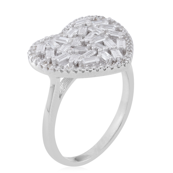 ELANZA AAA Simulated White Diamond (Bgt) Heart Ring in Rhodium Plated Sterling Silver