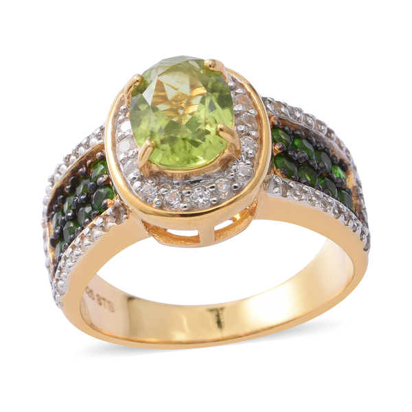 3.35 Ct Hebei Peridot, Cambodian Zircon and  Diopside Halo Ring in Gold Plated Silver