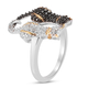 White and Black Diamond Twin Cat Ring in Platinum and Yellow Gold Overlay and Black Plating Sterling Silver 0.010 Ct