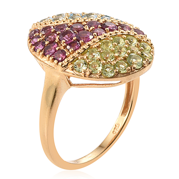 Rhodolite Garnet (Rnd), Signity Blue Topaz and Hebei Peridot Ring in 14K Gold Overlay Sterling Silver 2.500 Ct.