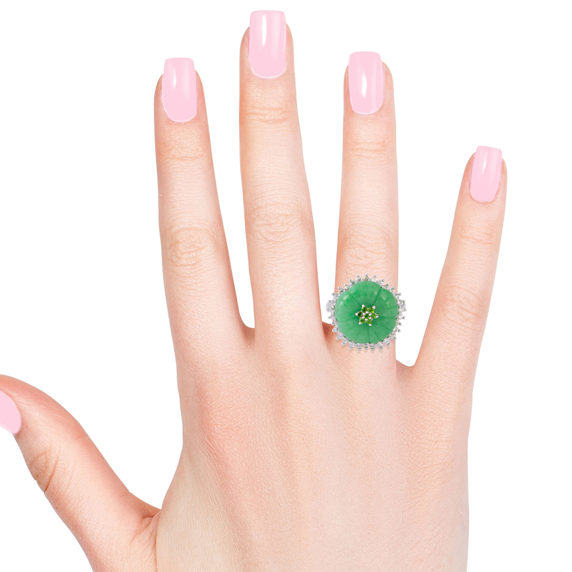 Carved Green Jade, Natural Cambodian White Zircon and Chrome Diopside Flower Ring in Rhodium Overlay Sterling Silver 10.810 Ct.
