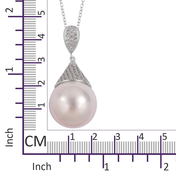 Haliotis Asinina Shell Pearl (Rnd 19mm to 21mm), Natural White Cambodian Zircon Pendant with Chain in Rhodium Plated Sterling Silver.