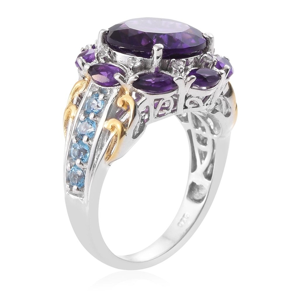 Amethyst (Rnd), Signity Blue Topaz, Natural Cambodian Zircon Ring in Platinum and Yellow Gold Overlay Sterling Silver 5.860 Ct.