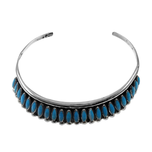 Santa Fe Collection - Turquoise Cuff Bangle (Size 7.5) With Oxidised in Sterling Silver 5.00 Ct, Sil