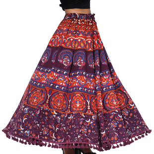 100% Cotton Mandala Print Boho Long Skirt with Tassels (Size 101x94cm) - Plum & Multi
