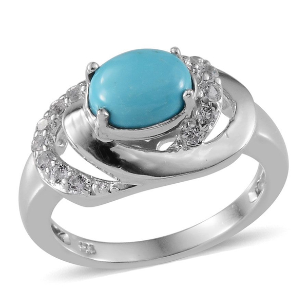 Arizona Sleeping Beauty Turquoise (Ovl 1.00 Ct), White Topaz Ring in Platinum Overlay Sterling Silve