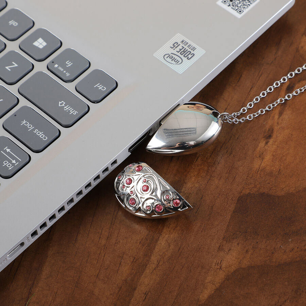Pink Austrian Crystal Pendant with Chain (Size 24) with USB Storage Device 16GB in Silver Tone