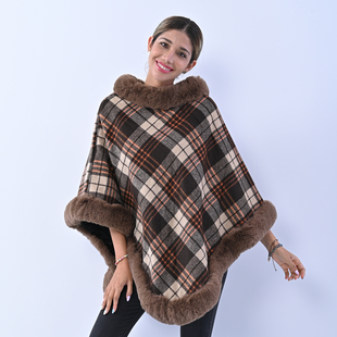 LA MAREY Checkered Pattern Faux Fur Poncho (Free Size) - Brown