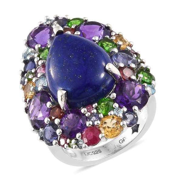 GP 15.75 Ct Lapis Lazuli, Amethyst and Multi Gemstone Halo Ring in Platinum Plated Silver