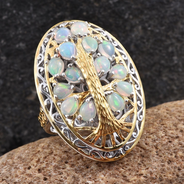 Ethiopian Opal (Pear) Tree Ring in Platinum and Yellow Gold Overlay Sterling Silver 2.750 Ct.Silver Wt 11.80 Gms