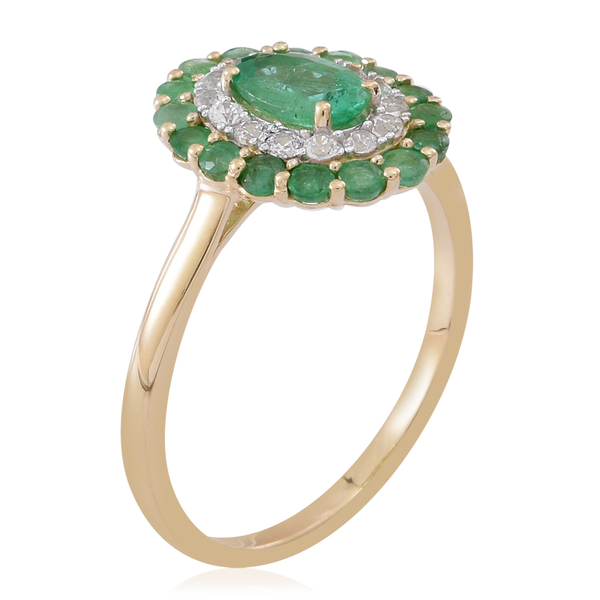 9K Y Gold AAA Kagem Zambian Emerald Natural Cambodian White Zircon Ring 1.750 Ct.