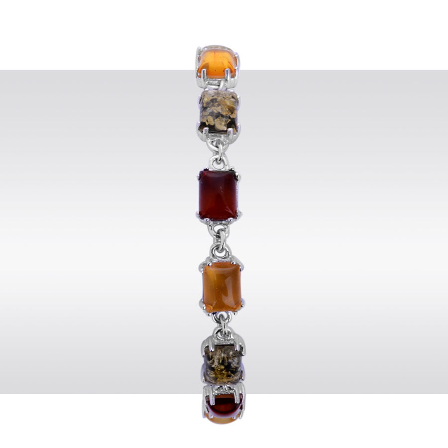 Tucson Collection Cognac Amber (Oct), Mayan Green and Baltic Yellow Amber Bracelet in Rhodium Plated Sterling Silver (Size 7) 6.850 Ct.