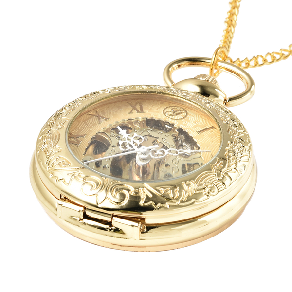 GENOA Automatic Mechanical Movement Skeleton Water Resistant Pocket Watch with Chain (Size 30) and Openable Case in Yellow Gold Tone