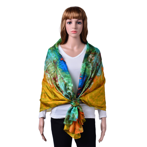 100% Mulberry Silk Green and Multi Colour Scarf (Size 170x110 Cm)