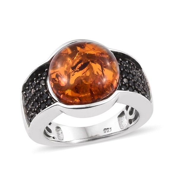 Baltic Amber (Rnd 2.40 Ct), Boi Ploi Black Spinel Ring in Black and Platinum Overlay Sterling Silver