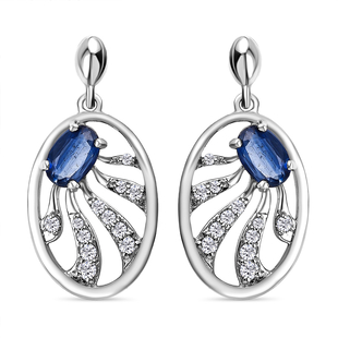 Kyanite and Natural Cambodian Zircon Dangling Earrings ( With Push Back) in Platinum Overlay Sterlin