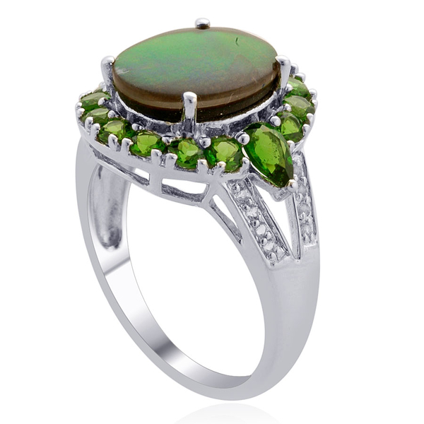 Canadian Ammolite (Ovl 3.25 Ct), Chrome Diopside and White Topaz Ring in Platinum Overlay Sterling Silver 4.850 Ct.