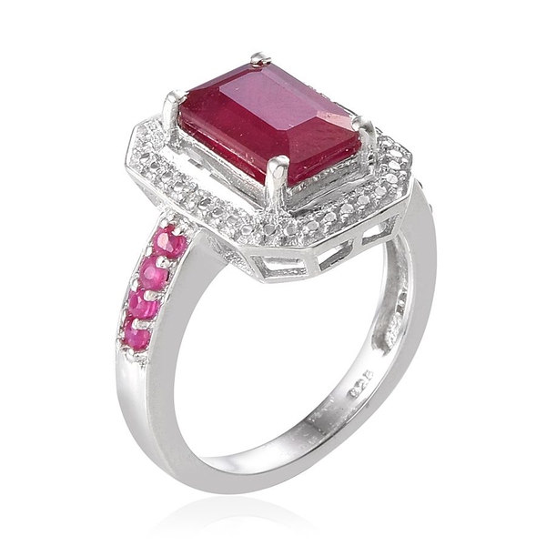 African Ruby (Oct 4.00 Ct), Diamond Ring in Platinum Overlay Sterling Silver 4.260 Ct.