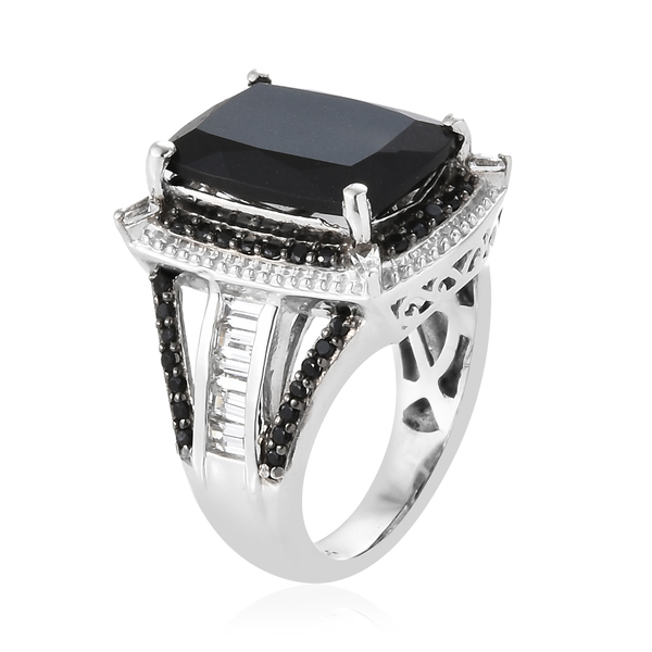 Black Tourmaline (Cush 6.35 Ct),Boi Ploi Black Spinel and White Topaz Ring in Platinum Overlay Sterling Silver 7.750 Ct, Silver wt 6.38 Gms.