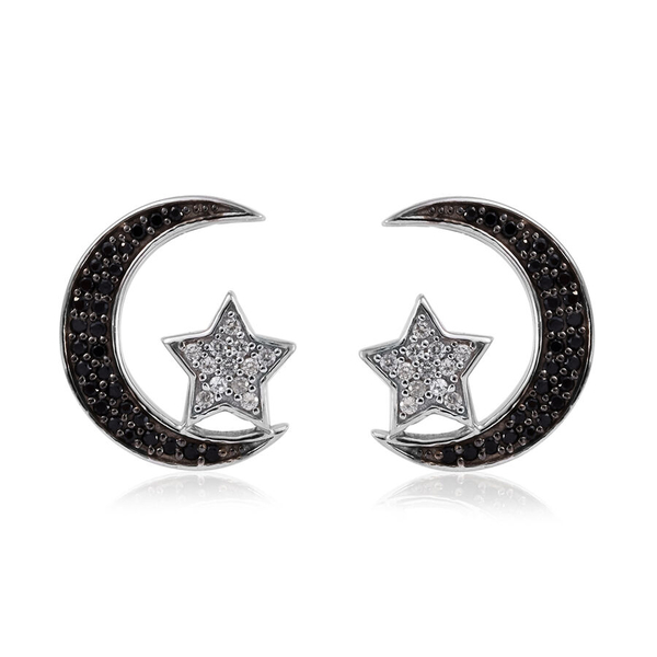 GP 1 Ct Boi Ploi Black Spinel and Multi Gemstone Moon Star Stud Earrings in Platinum Plated Silver