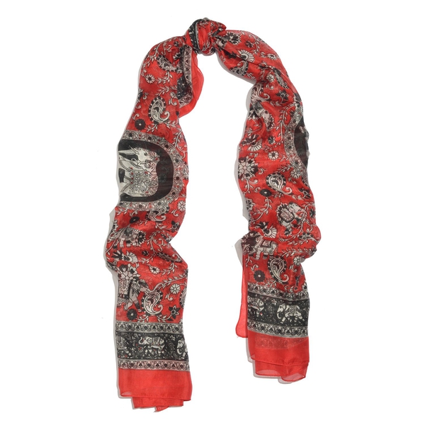 100% Mulberry Silk Red, Black and White Colour Handscreen Elephant and Paisley Printed Scarf (Size 200X180 Cm)