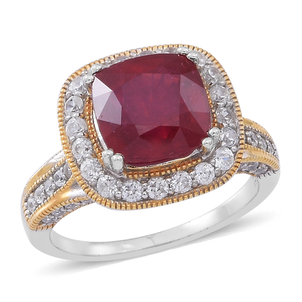 African Ruby (Cush 6.25 Ct), Ruby and Natural Cambodian Zircon Ring in Rhodium Plated Sterling Silve