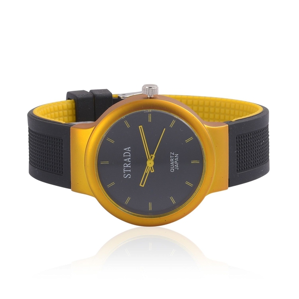 STRADA Japanese Movement Black Dial Water Resistant Watch in Silver Tone with Stainless Steel Back and Black and Yellow Silicone Strap