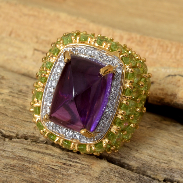 GP 17.75 Ct Amethyst and Multi Gemstone Cluster Halo Ring in Gold Plated Silver