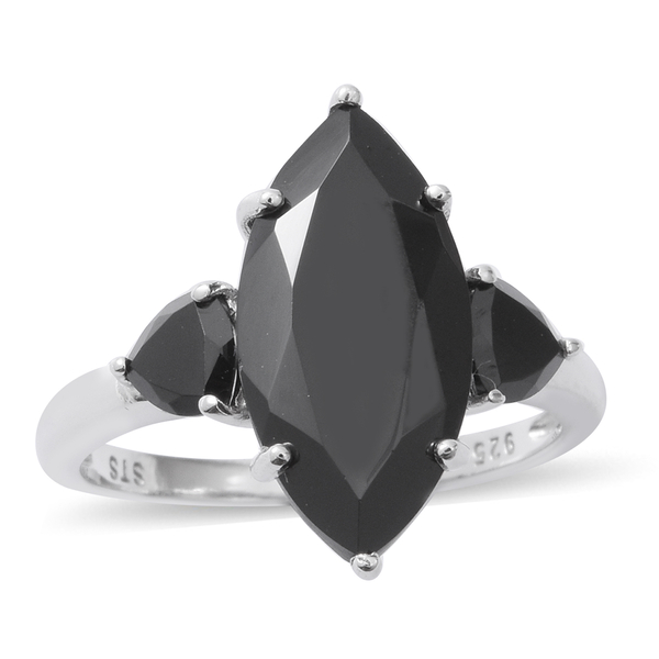 9.04 Ct Boi Ploi Black Spinel Trilogy Design Ring in Rhodium Plated Silver