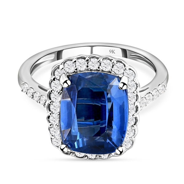 One Time Deal-9K White Gold  AA Kyanite  and Natural Cambodian Zircon Ring 5.67 Ct.