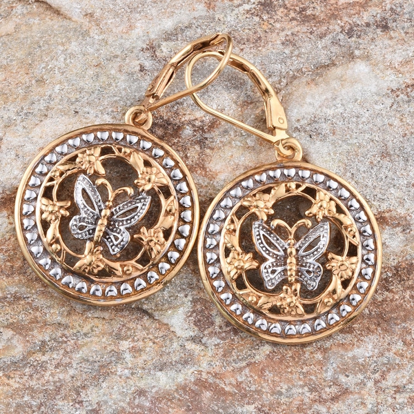 Yellow Gold and Platinum Overlay Sterling Silver Butterfly Earrings, Silver wt 7.61 Gms.