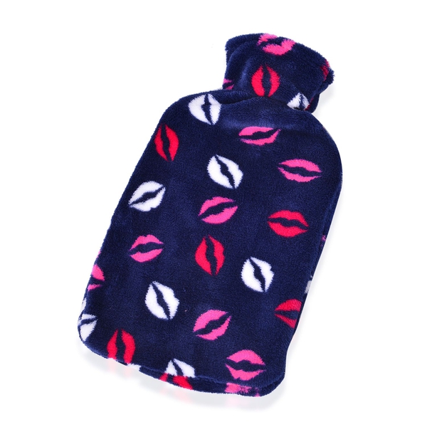 Set of 2 - Hotwater Light Blue, Navy and Multi Colour Lamb and Lips Pattern Flannel Bottle Cover and Bottles (Size 32x18 Cm)
