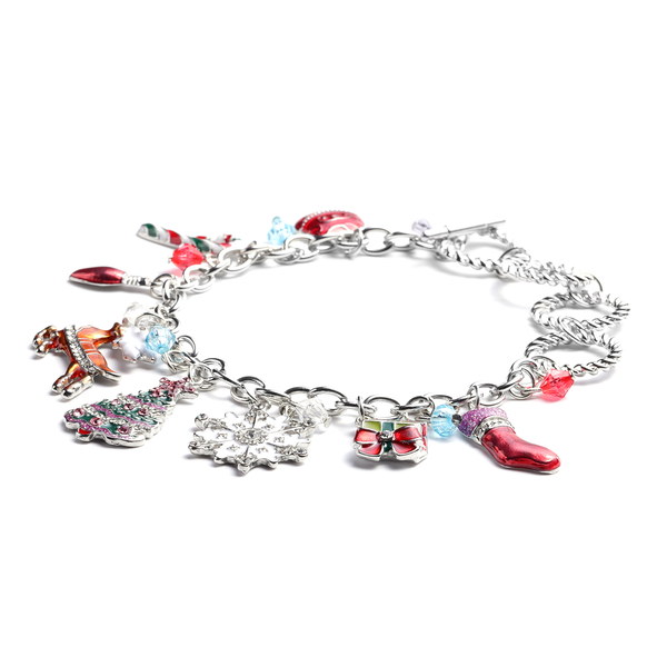 Pink and White Colour Austrian Crystal and Simulated Multi Gemstone Christmas Theme Enamelled Charm Bracelet (Size 10 with Extender) in Silver Tone