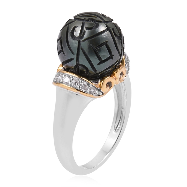 Tahitian Pearl (Rnd), Natural White Cambodian Zircon Ring in Rhodium and Gold Overlay Sterling Silver
