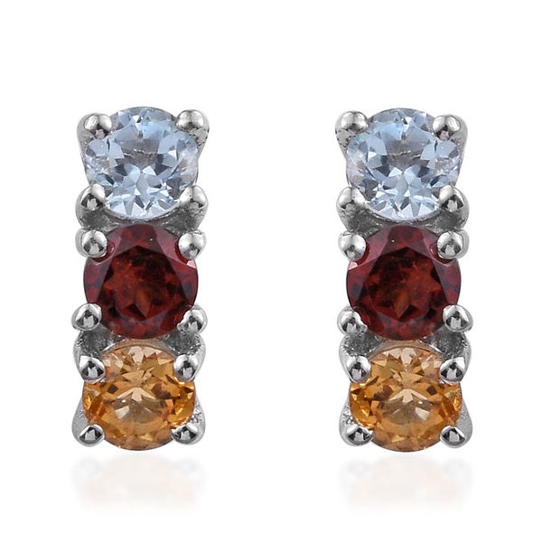 Mozambique Garnet (Rnd), Sky Blue Topaz and Citrine Earrings (with Push Back) in Platinum Overlay St