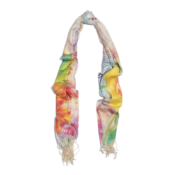 100% Modal Floral Digital Print Green and Multi Colour Scarf (Size 190x70 Cm)